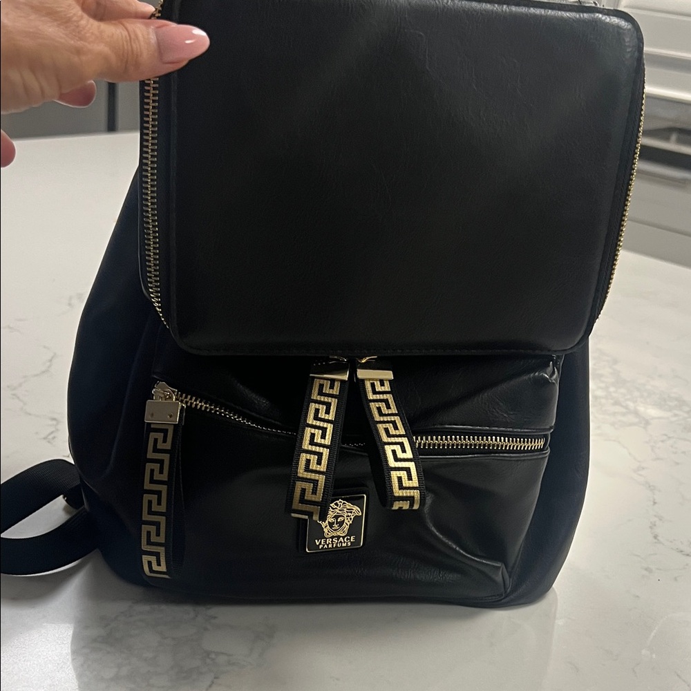 Versace Black Leather Backpack with Gold Details